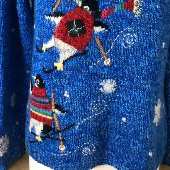 Embroidered Skiing Penguins & Snowflakes Holiday Wool Sweater - Picture 6 of 14